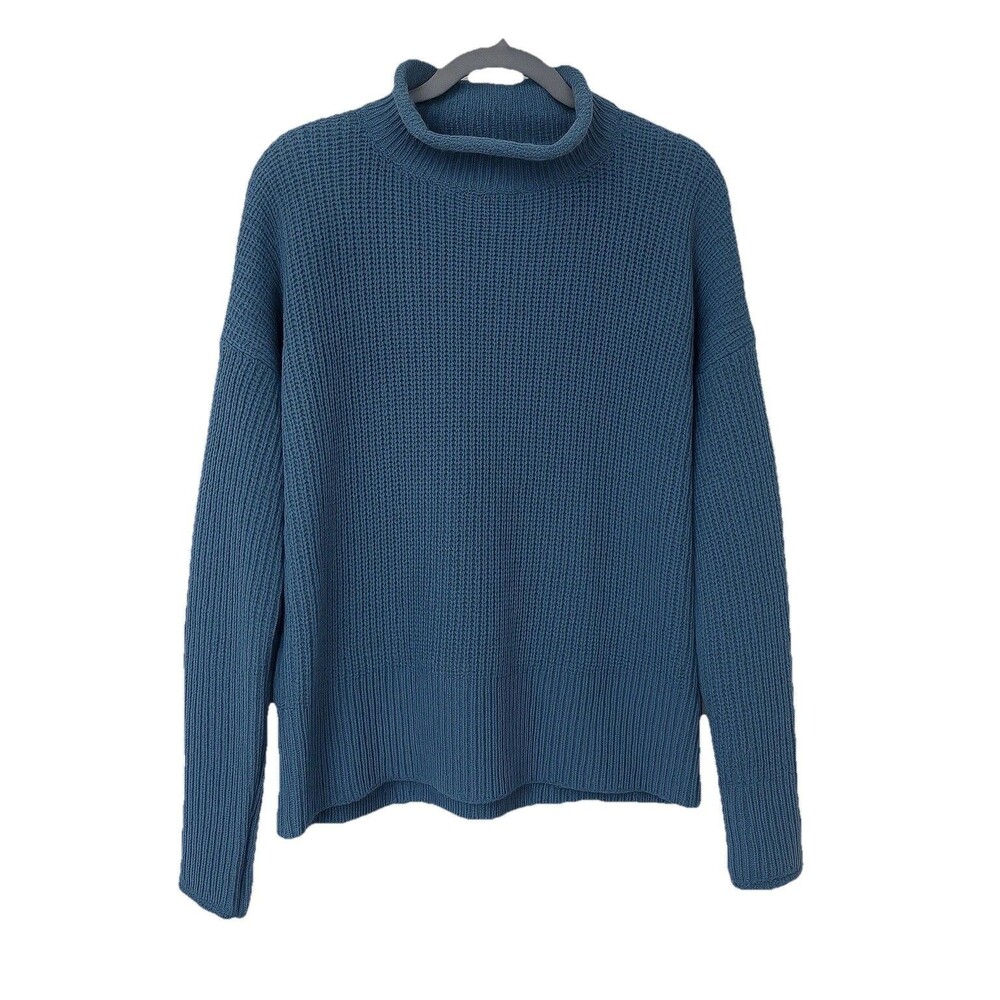 Magnolia Boutique Women’s Blue Mock Neck Chunky Knit Sweater Size Large Cozy
